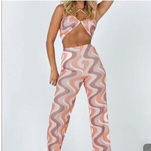 Princess Polly Retro Set Tan Pink and Orange Wide Leg Pants & Crop top